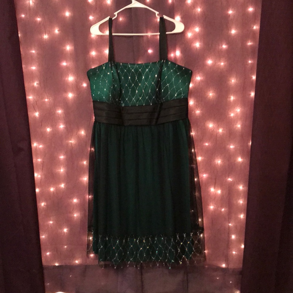 Green and black party dress with iridescent detail